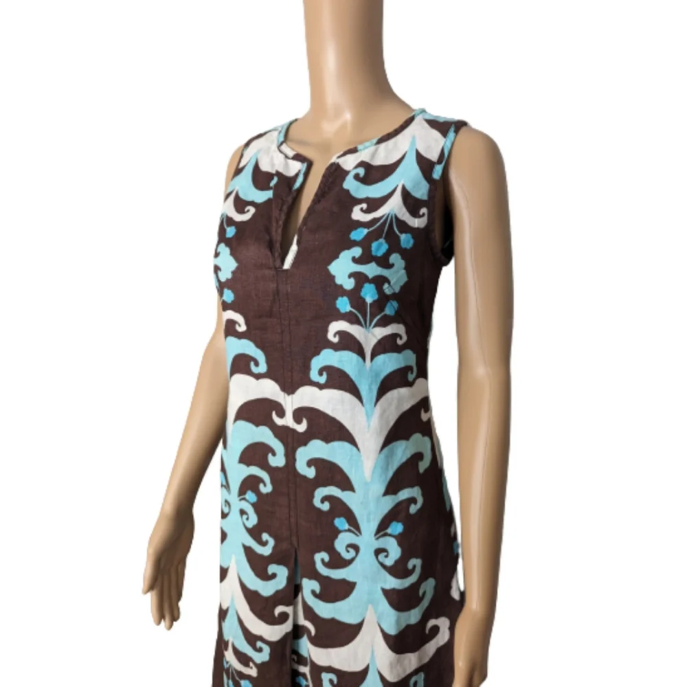 Tory Burch Brown and Turquoise Floral Print Linen Dress 2